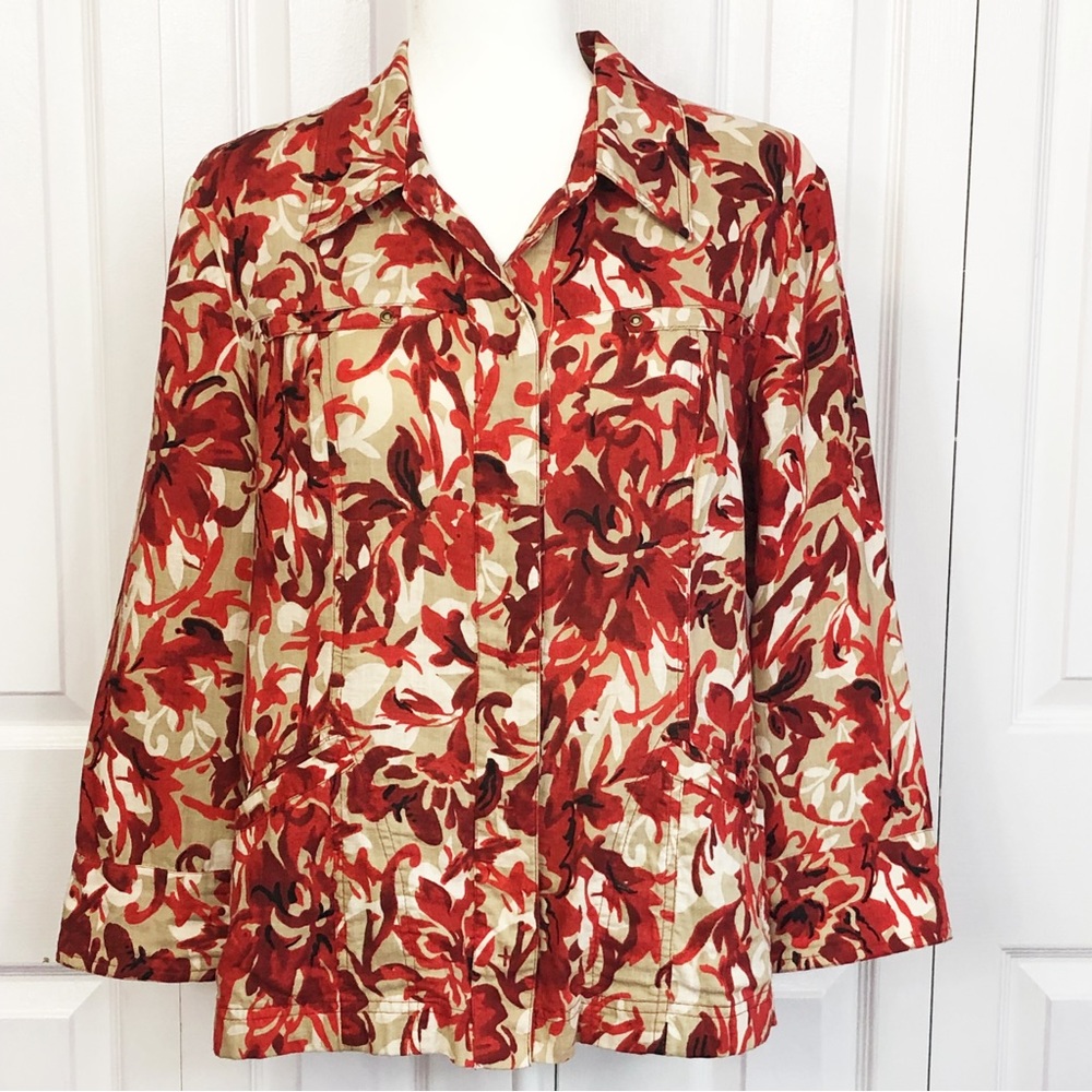 Coldwater Creek Red & Tan Print Linen Blend Snap Up Jacket Size 14